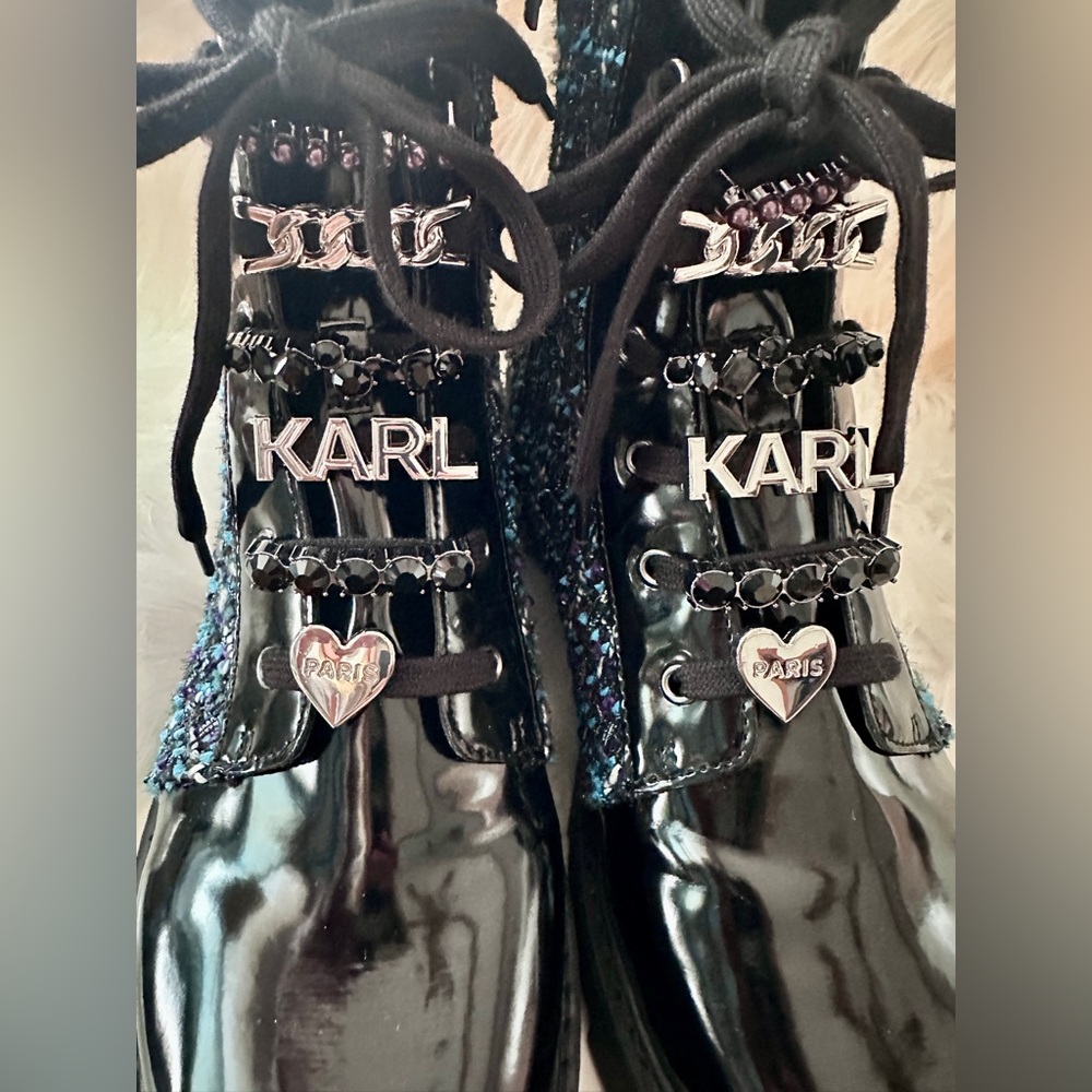 Karl Lagerfeld COMBAT STYLE Jeweled BOOTS! NEW size 10! Zip sides patten black - Picture 6 of 10